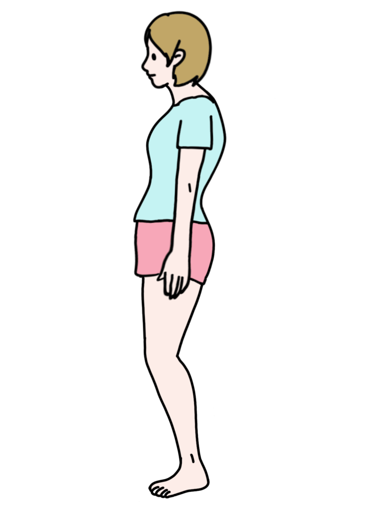 反り腰の姿勢になっている女性を横から見たイラスト。腰が前に反り、上半身が前傾している状態。