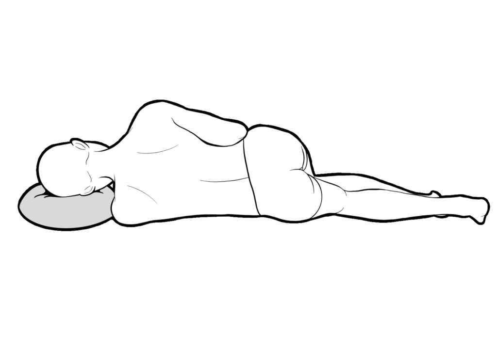 横向きで寝ている姿勢のイラスト。側弯症の方は片側に負担がかかりやすく、進行リスクとなる可能性も。鹿児島市のまどか整体院では側湾症の改善もサポートしています
