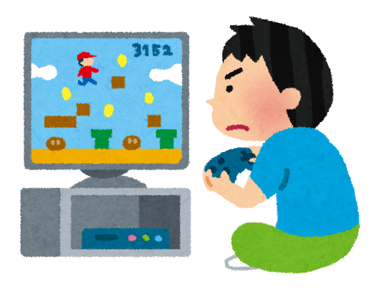 ゲームに夢中になり姿勢が悪くなっている子どものイラスト｜鹿児島のまどか整体院