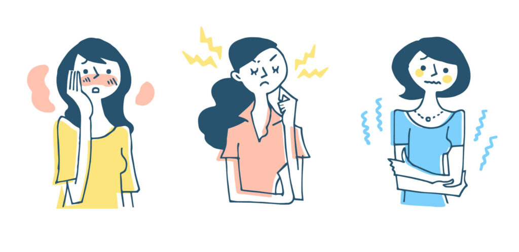 更年期に伴う肩こり・腰痛・冷えで悩む女性のイラスト。頬のほてり、頭痛、冷えなどの症状を表現