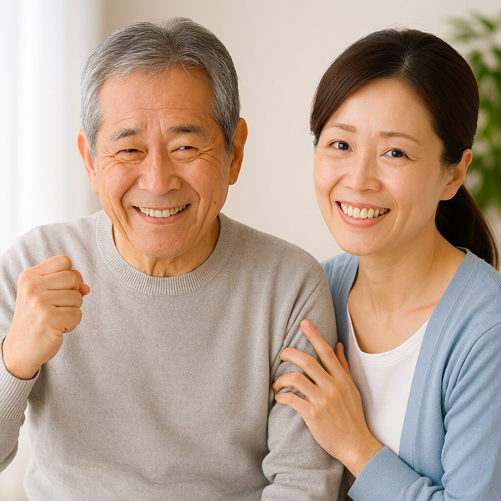 腰の痛みから回復し笑顔を見せる高齢男性と、それを喜ぶ家族の女性｜鹿児島市まどか整体院の高齢者向け整体ケア