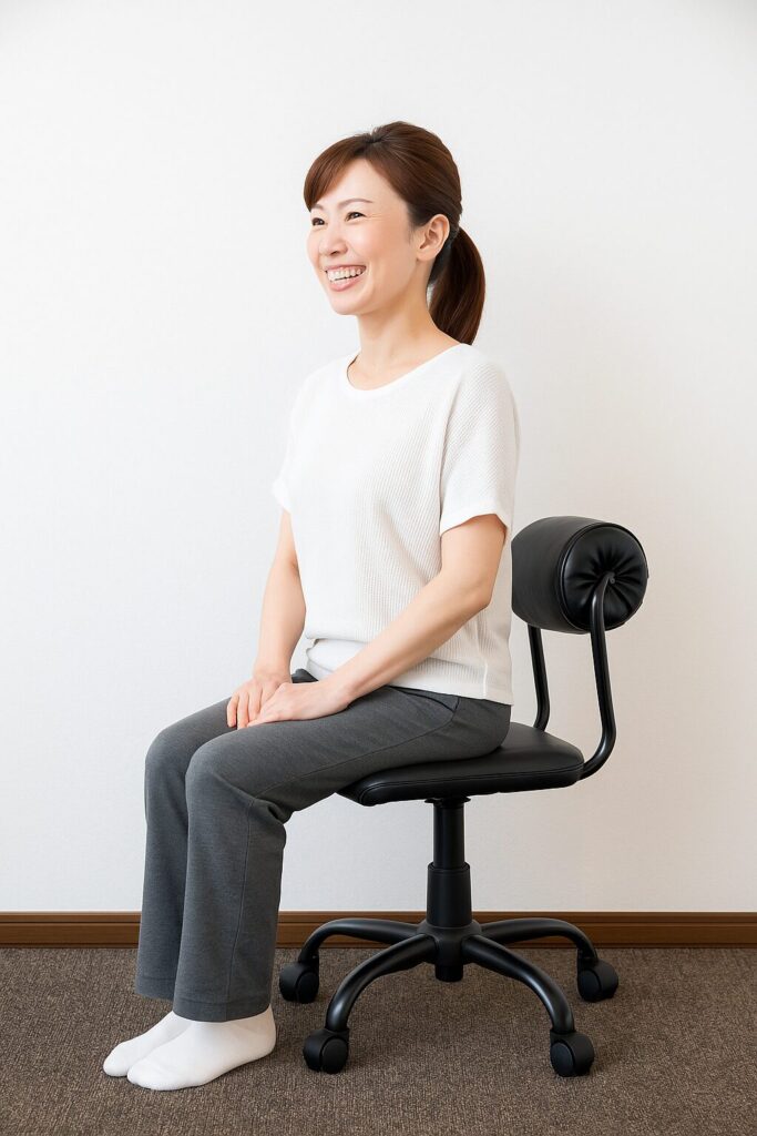 鹿児島まどか整体院で姿勢が整い、正しい姿勢で椅子に座る女性の様子。自然な笑顔でリラックスしている。