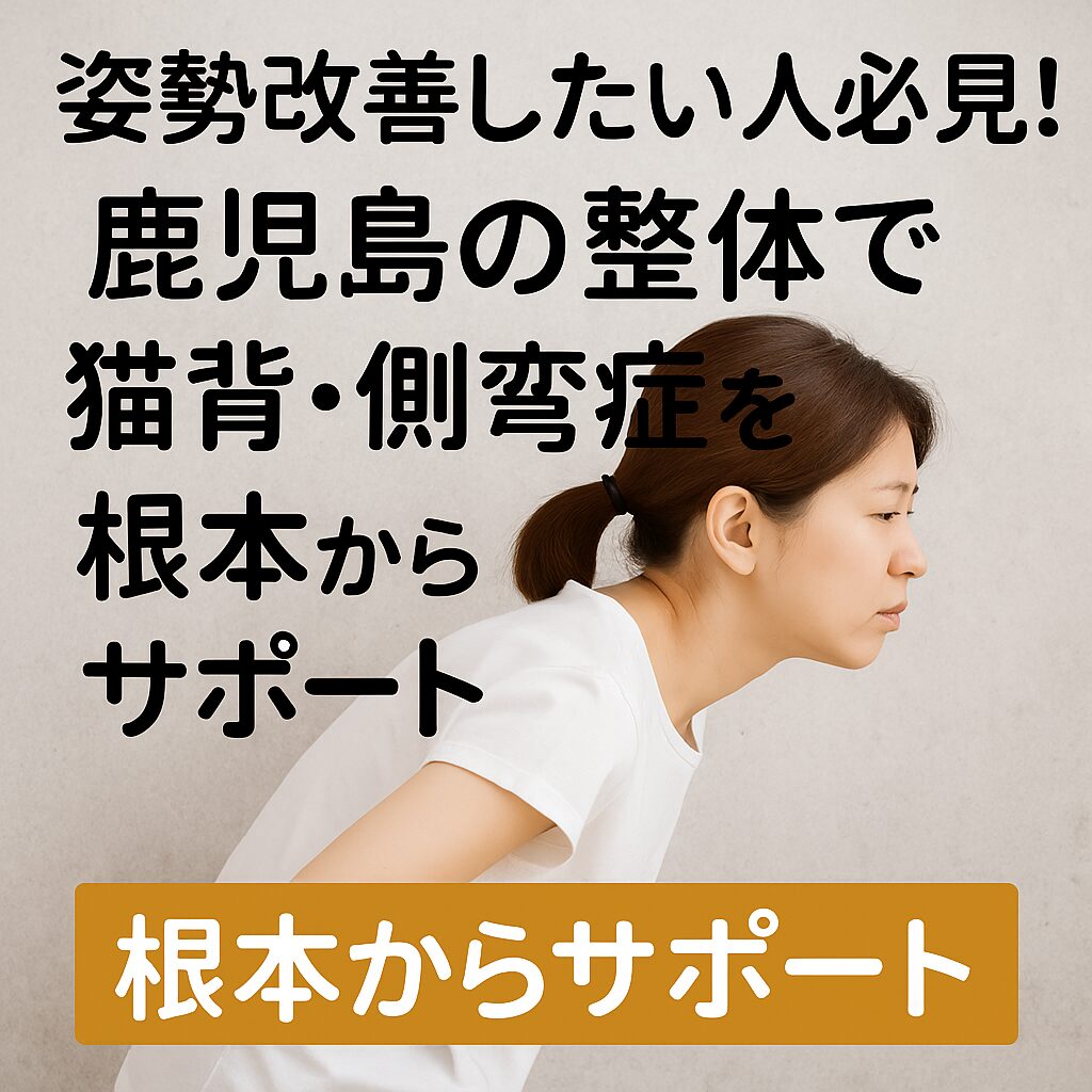 鹿児島市のまどか整体院で猫背や側弯症に悩む女性。姿勢改善を目指して整体を受ける様子を伝える画像。背中の丸まりに悩む人へ根本からサポートすることを表現。